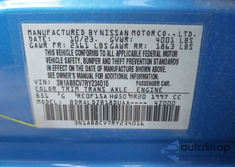 2024 Nissan Sentra Sv Xtronic Cvt z USA, uszkodzony, nr VIN 3N1AB8CV7RY234016